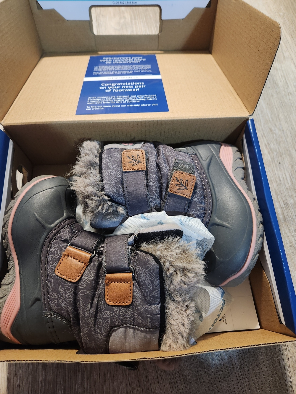 Girls' Gray and Pink Faux-Fur Winter Boots with Easy-Strap Closure